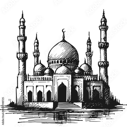 Mosque Illustration Harmony in Lines, mosque line art drawing ink sketch vector hand drawn illustration background