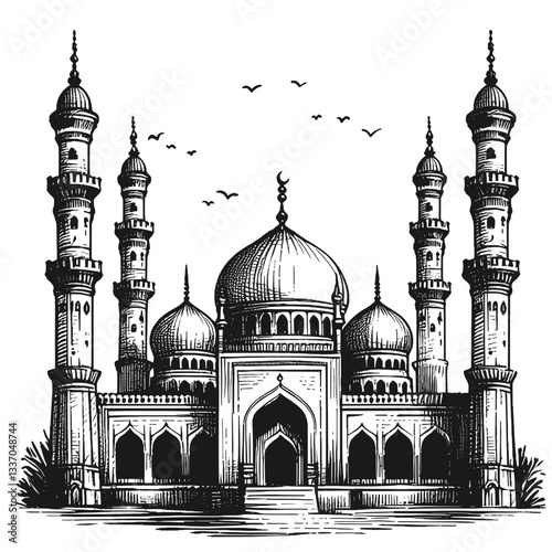 Mosque Sketch in Bold Line Work, mosque line art drawing ink sketch vector hand drawn illustration background