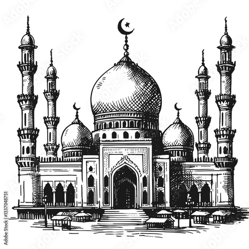 Minaret and Dome A Mosque Line Art, mosque line art drawing ink sketch vector hand drawn illustration background