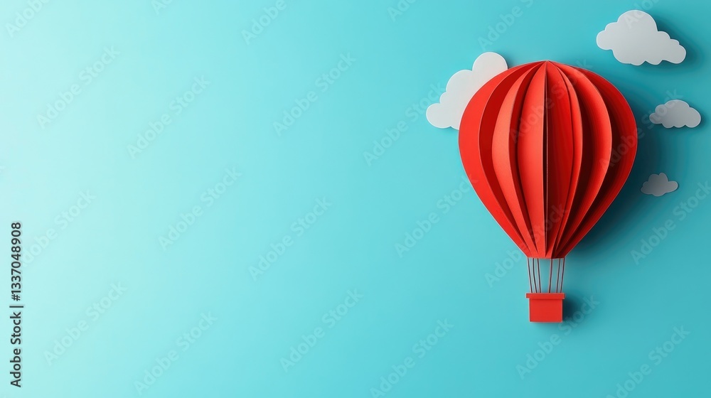 Naklejka premium A paper-cutout animation of a hot air balloon floating across the sky