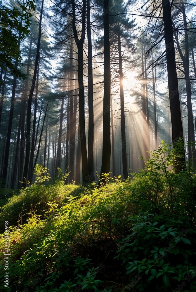 Fototapeta premium Sunlight Filtering Through Tall Trees in a Serene Forest