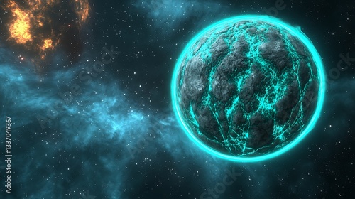 Fototapeta Naklejka Na Ścianę i Meble -  Glowing planet floats through space with exploding star, background for science fiction