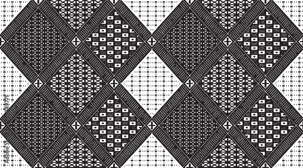 Obraz premium Black and white tileable pattern. Grunge worn damask pattern design. Distressed fabric texture. Overlay texture design. Vector illustration. Eps10.