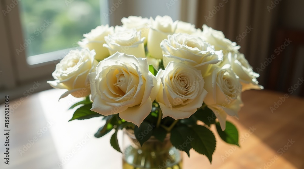Obraz premium A stunning bouquet of fresh white roses elegantly arranged with delicate green leaves, placed in a glass vase on a wooden table