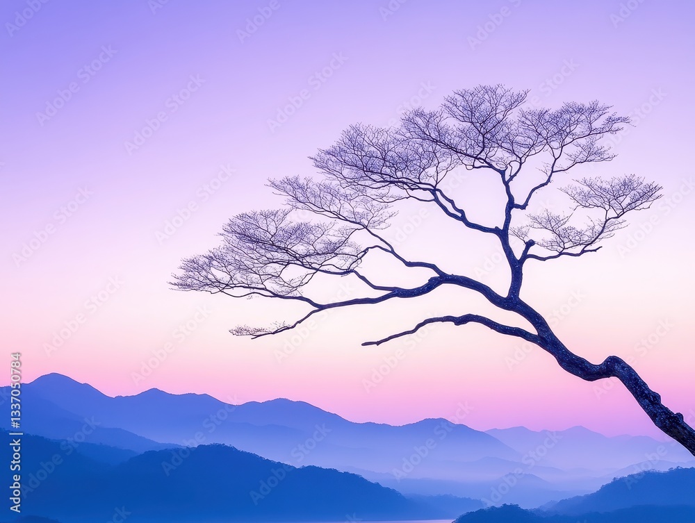 Serene sunset over mountains with a solitary tree silhouetted against the sky