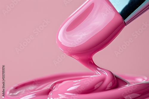 Close-up of pink nail polish brush with glossy varnish on pink background
