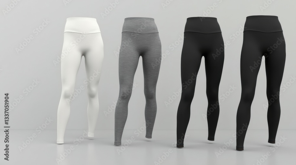 Close-up of a compression crop top and leggings set in different color variations—white, heather gray, and black Close-up of a compression crop top and leggings set in different color variations—white, heather gray, and black