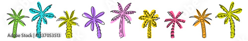 Vector collection of colorful palm trees, hand drawn in doodle style