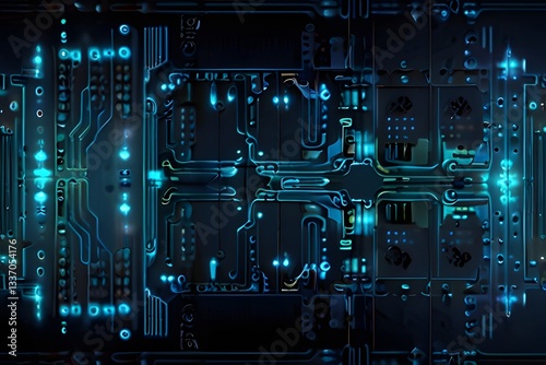 Neon glowing digital technology circuit board in computer. Futuristic glowing bright blue color. Abstract connection concept presentation background Communication wireframe laser lines illustration
