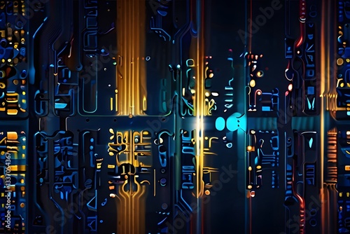 Neon glowing digital technology circuit board in computer. Futuristic glowing bright blue color. Abstract connection concept presentation background Communication wireframe laser lines illustration
