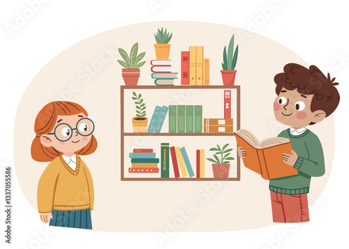 boy holding an open book and reading it to a girl