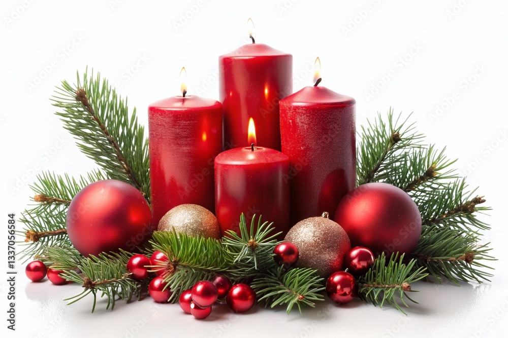 Four Realistic LED Wax Candles with Pine Branches & Red Christmas Balls - Festive Holiday Decoration Four Realistic LED Wax Candles with Pine Branches & Red Christmas Balls - Festive Holiday Decoration