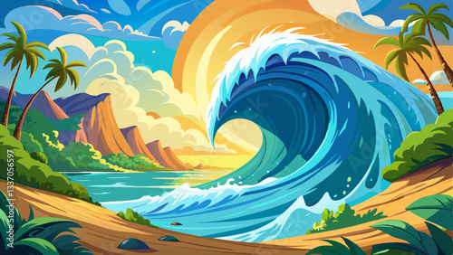 CLOSE UP: Big tube wave crashes on the sunny coast of a remote tropical island.