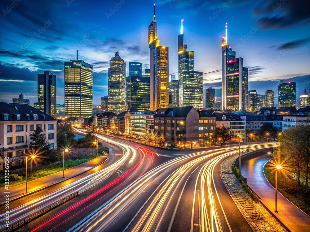Fototapeta premium Frankfurt Skyline Night Long Exposure, Financial District, Germany