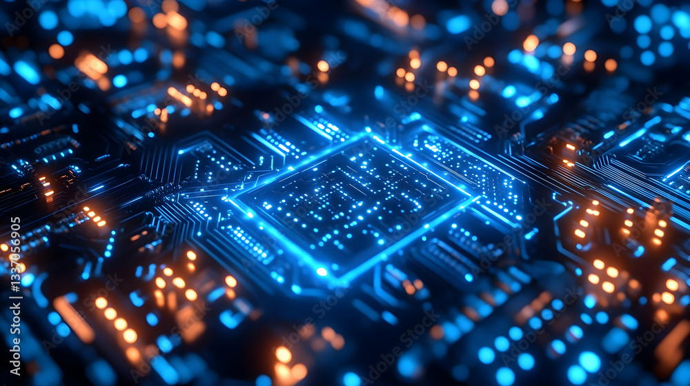 Obraz premium Intricate close-up of a glowing microchip on a circuit board, showcasing technology and innovation