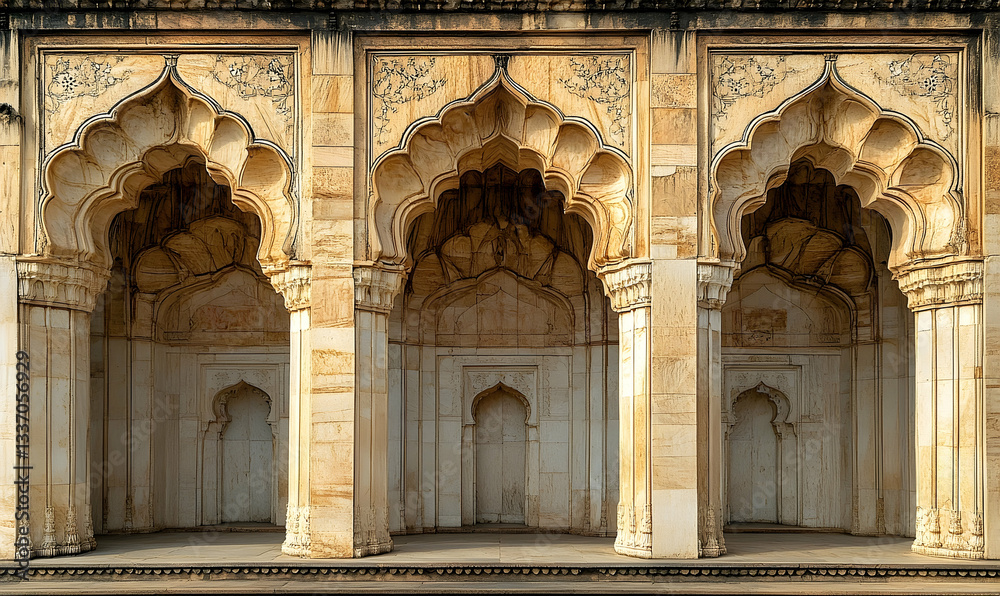 Fototapeta premium Intricate architectural arches showcasing detailed carvings in a historic palace courtyard at sunset
