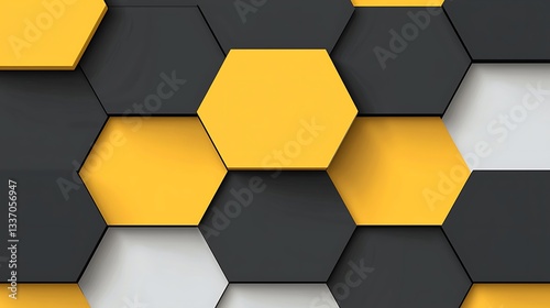 Honeycomb pattern of hexagons in gray, yellow, & white, a repeating design, usable as background