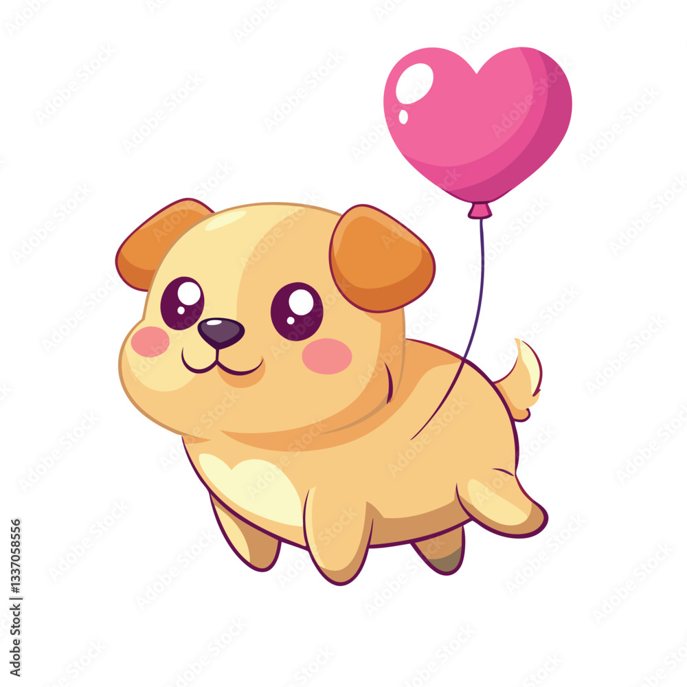 Fototapeta premium A cute brown teddy bear cartoon vector illustration with a heart balloon, smiling happily