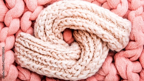 Knitted scarf in a loop on a soft, pink, chunky knit blanket, for cozy comfort and warmth