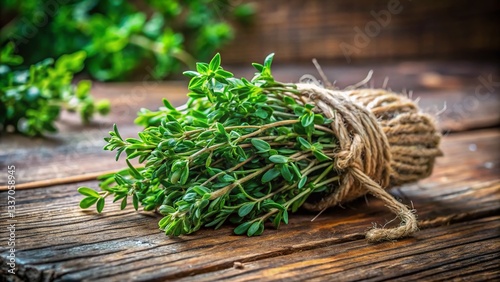 Fresh Green Thyme Bundle on Rustic Wood: Close-Up Macro Stock Photo