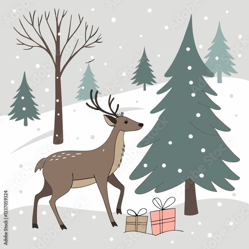 A vector Christmas card shows a cartoon deer silhouette in a snowy winter pine forest landscape