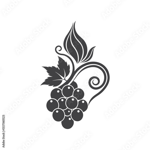 Minimal grapevine logo, creative vector emblem for organic wine branding, fresh fruit design, elegant vineyard symbol, modern nature-inspired farming illustration.
