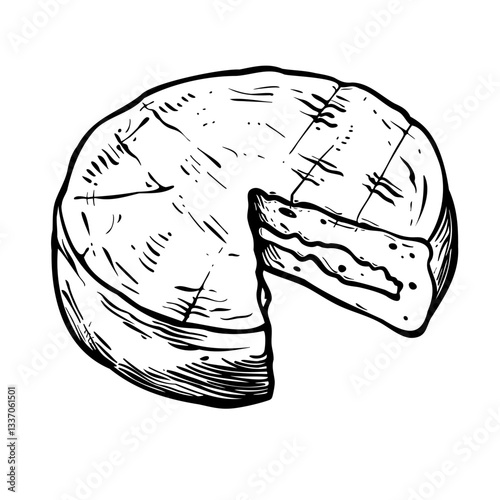 Celebrate world cheese day with a delicious wheel of cheese. Brie cheese. Black and white illustration