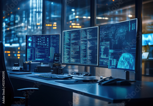 Wallpaper Mural A modern work area with a sleek desk and three high-res monitors showing data, analytics, and code Torontodigital.ca