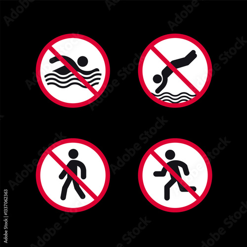 Prohibited signs, forbidden round stickers set, vector icons