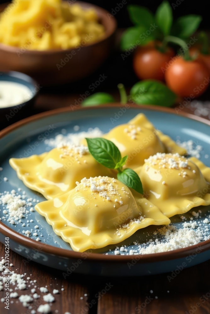 Handmade ravioli, flour dusted, rustic setting, uncooked pasta, texture, pasta making Handmade ravioli, flour dusted, rustic setting, uncooked pasta, texture, pasta making