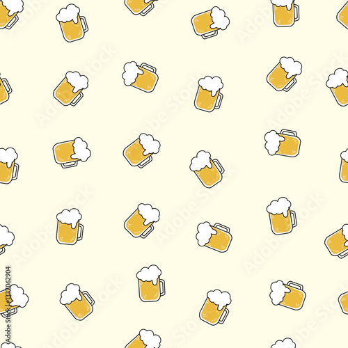 Beer mugs seamless pattern background. Beer glasses or ale drink vector for wallpaper, pub decor, wrapping paper, textile, party, card, restaurants, and phone cases.