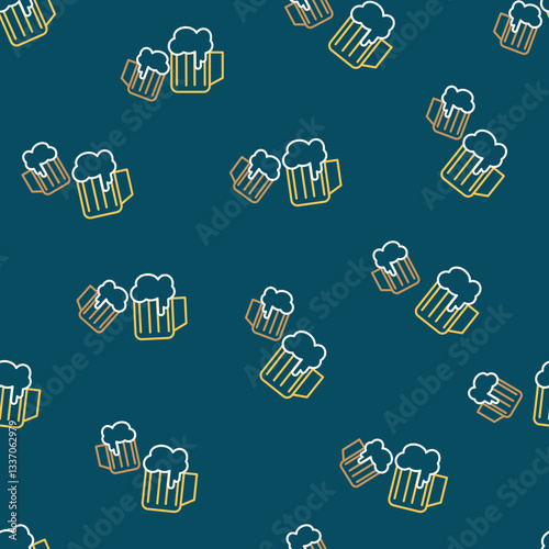 Beer mugs seamless pattern background. Beer glasses or ale drink vector for wallpaper, pub decor, wrapping paper, textile, party, card, restaurants, and phone cases.