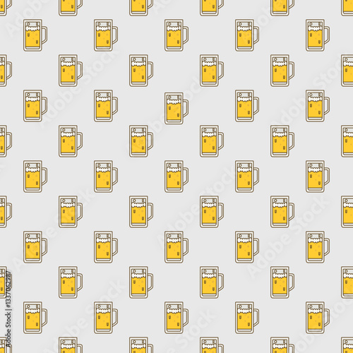 Beer mugs seamless pattern background. Beer glasses or ale drink vector for wallpaper, pub decor, wrapping paper, textile, party, card, restaurants, and phone cases.