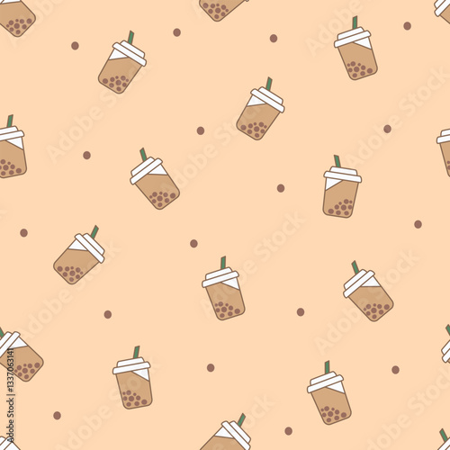 Boba tea or bubble milk tea cup seamless pattern vector. Sweet brown sugar bubble milk tea dessert in glasses for wrapping, textile, card, stationary, and phone cases.