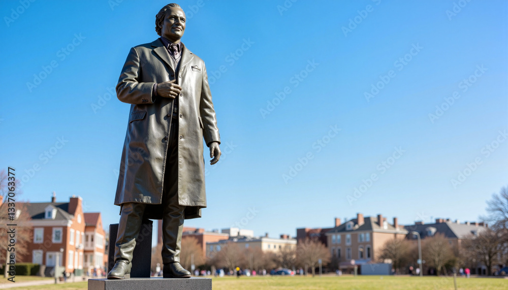 Naklejka premium Classic bronze statue of historical figure in outdoor plaza, honor