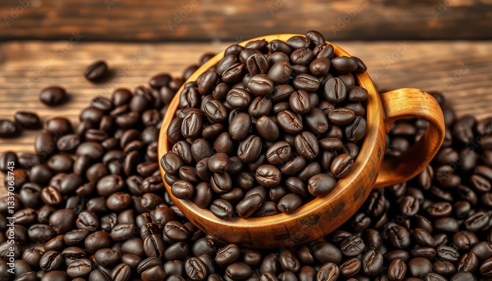 Fototapeta premium Rustic wooden cup overflowing with dark roasted coffee beans, cup, delicious