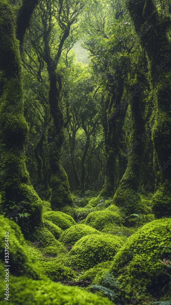 Obraz premium Beneath a canopy of towering trees, dense moss carpets the forest floor, inviting exploration and igniting a sense of tranquility. Sunlight filters through foliage, casting dreamy shadows
