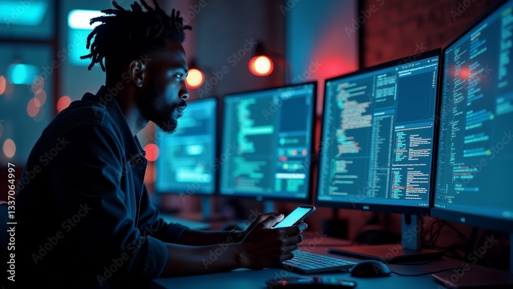 young man sitting desk front multiple computer monitors holding smartphone his hand appears working code programming project desk cluttered keyboard mouse office supplies man has dreadlocks wearing