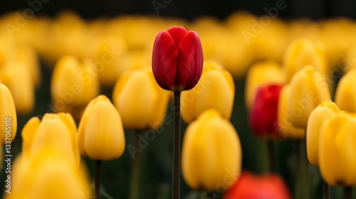 Single red tulip stands out among yellow tulips in blooming field