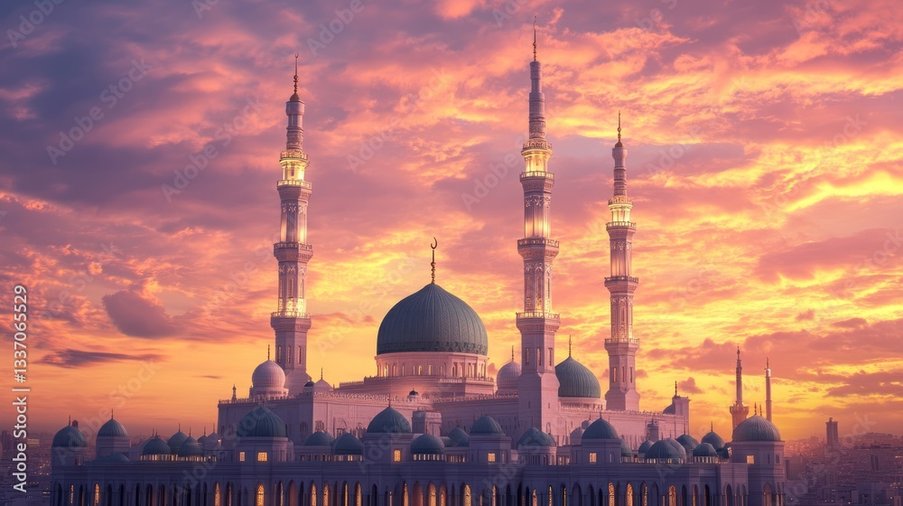 Obraz premium Grand mosque with tall minarets and domes under a vibrant sunset sky