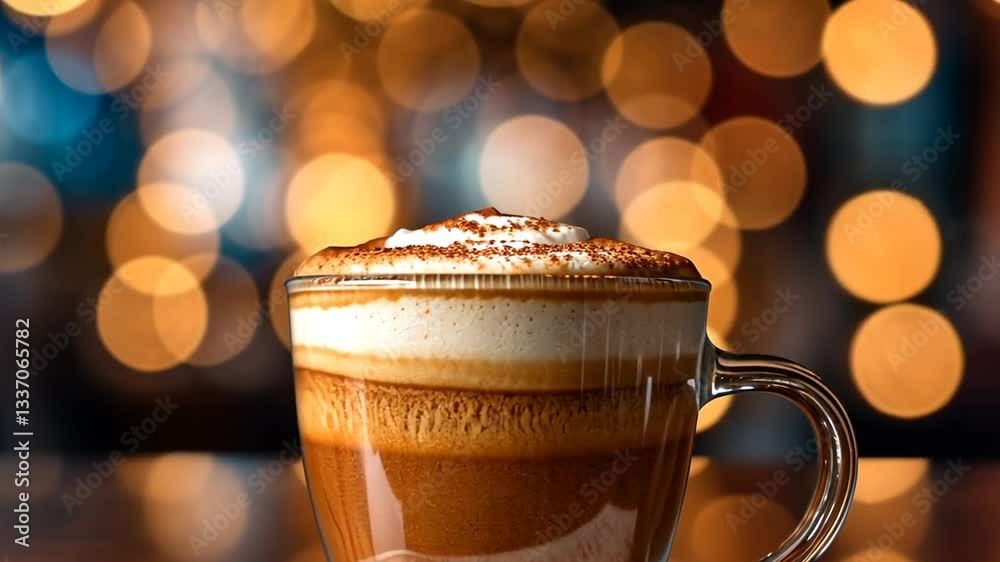 Leckere Tasse Kaffee mit aufgeschäumter Milch in warmem Licht