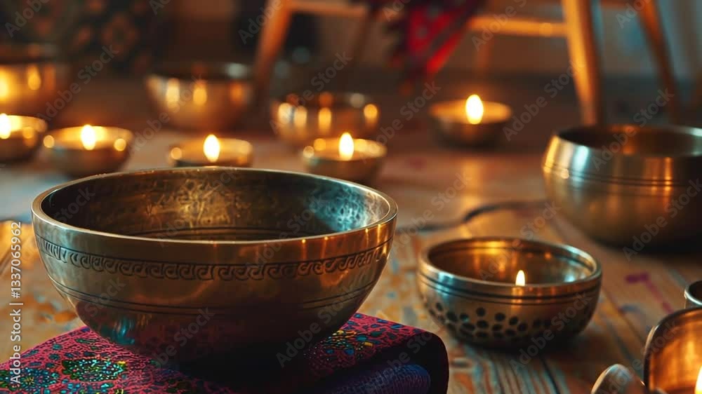 Klangschalen mit warmem Kerzenlicht in spiritueller Atmosphäre