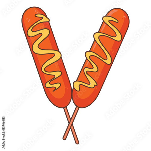 Corn dog illustration with served on a stick, designed for a fun, nostalgic fair food theme. Simple, playful design perfect for festivals or food related graphics.