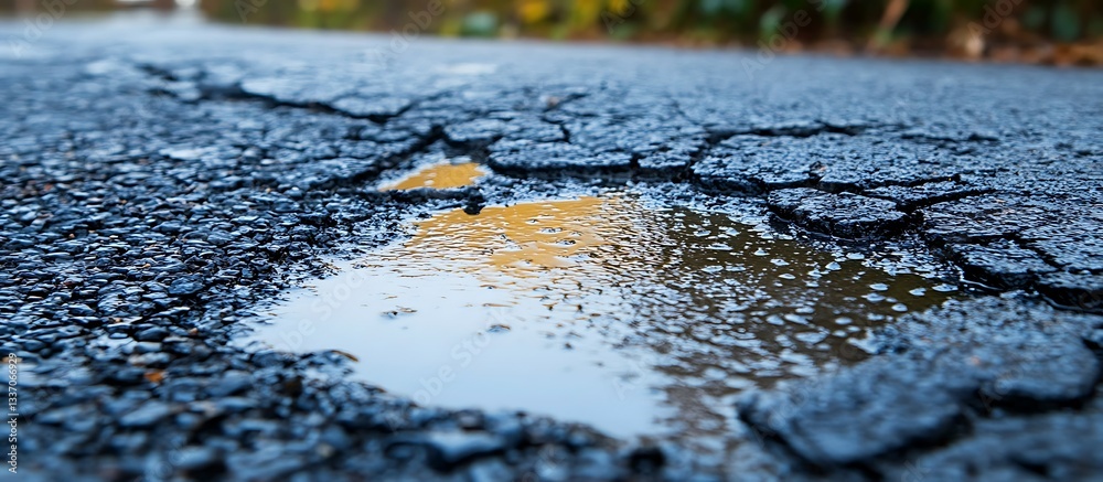 Puddle reflects autumn leaves on cracked road