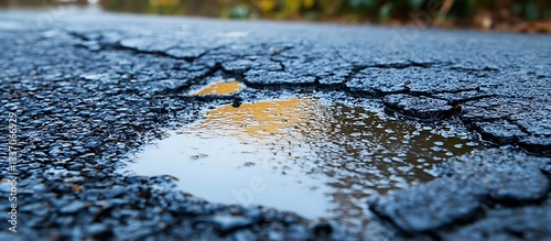Puddle reflects autumn leaves on cracked road