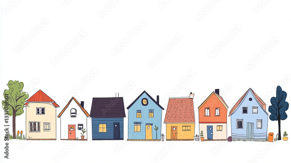 Suburban houses set isolated on white background. Vector cartoon illustration of traditional american town cottages with windows, doors, porch, chimney on roof, wooden facade, street design elements Suburban houses set isolated on white background. Vector cartoon illustration of traditional american town cottages with windows, doors, porch, chimney on roof, wooden facade, street design elements