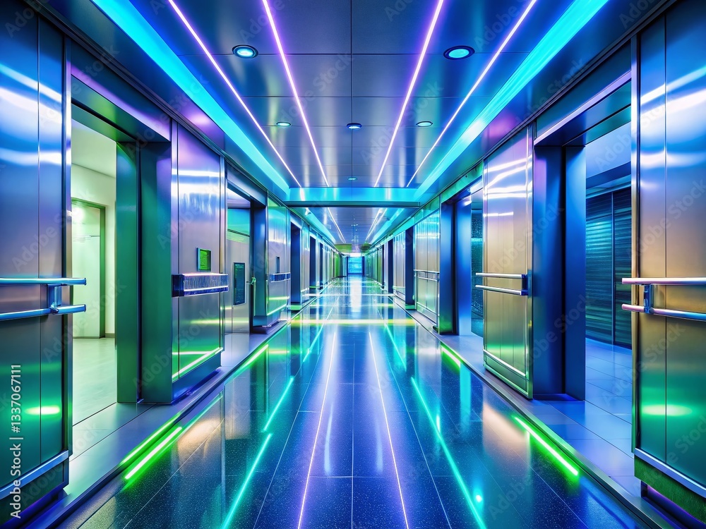 Fototapeta premium Futuristic Hospital Corridor, Glowing Neon Lights, Sci-Fi Medical Interior, Night Photography