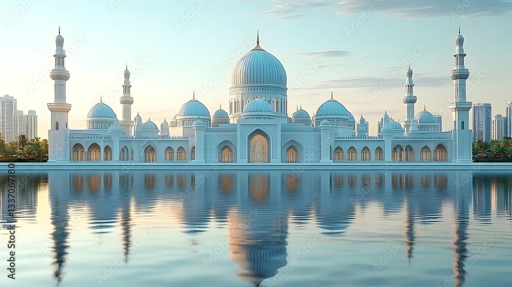 Obraz premium Majestic white mosque reflecting on calm waters at sunrise, surrounded by modern city skyline