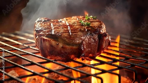 Saftiges Steak brutzelt auf heißem Grill mit Flammen