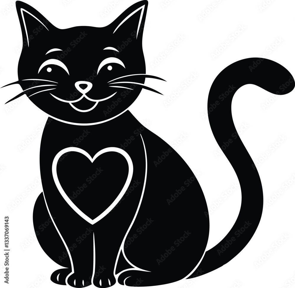 black and white cat, cat with heart silhouette vector icon, cat symbol illustration on white background. black and white cat, cat with heart silhouette vector icon, cat symbol illustration on white background.